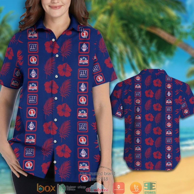 New York Giants Hibiscus leaf square pattern Hawaiian Shirt short 1 2