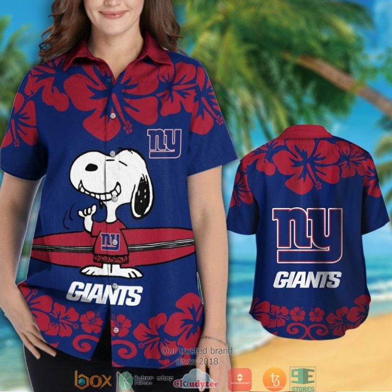 New York Giants Red Hibiscus Snoopy Hawaiian Shirt short 1 2