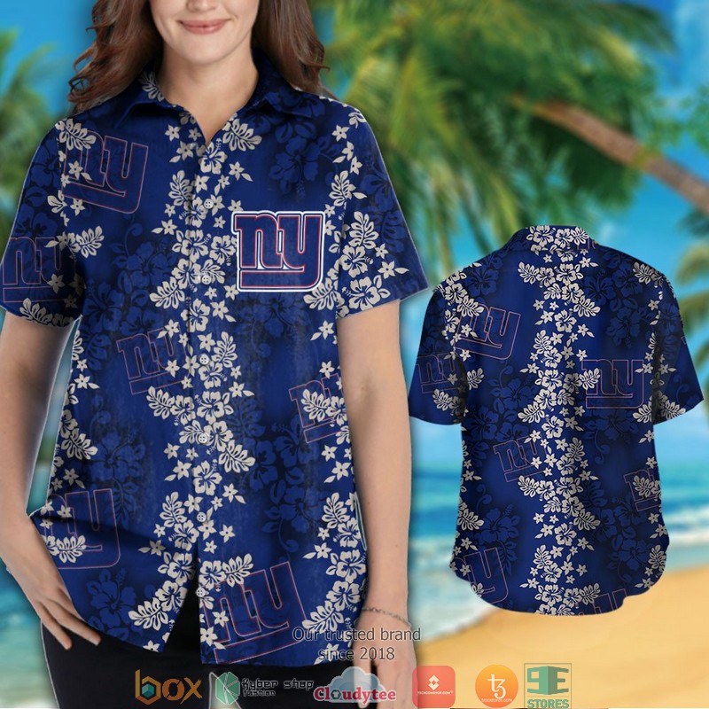 New York Giants hibiscus flowers pattern Hawaiian Shirt short 1 2