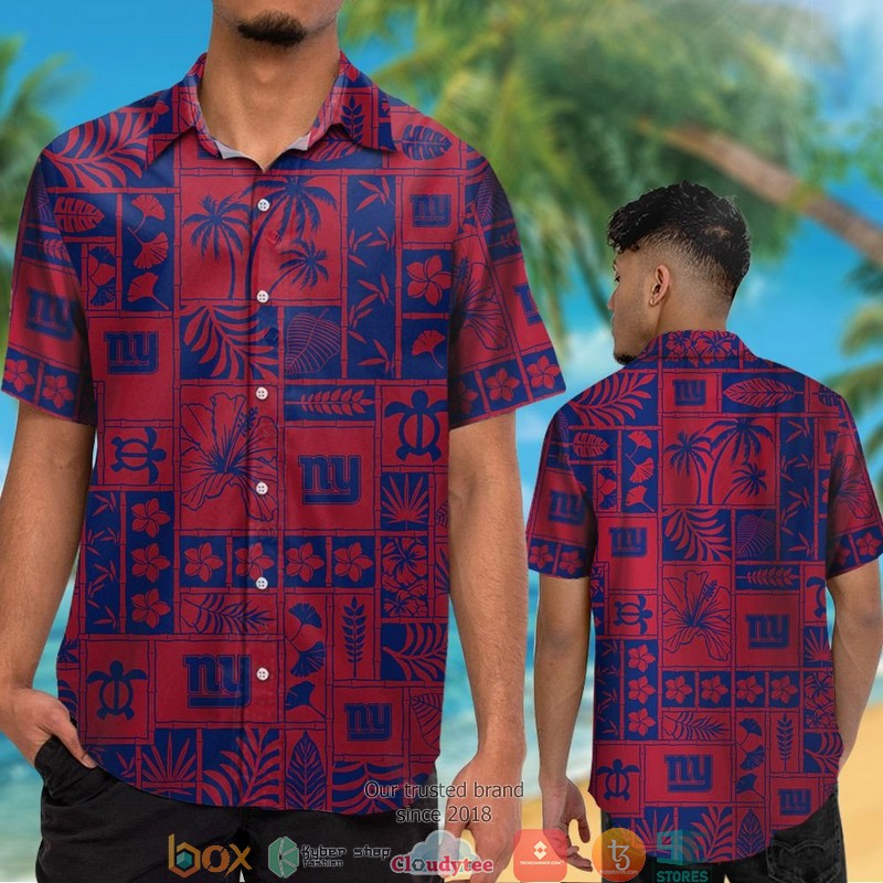 New York Giants hibiscus leaf ocean square pattern Hawaiian Shirt short 1