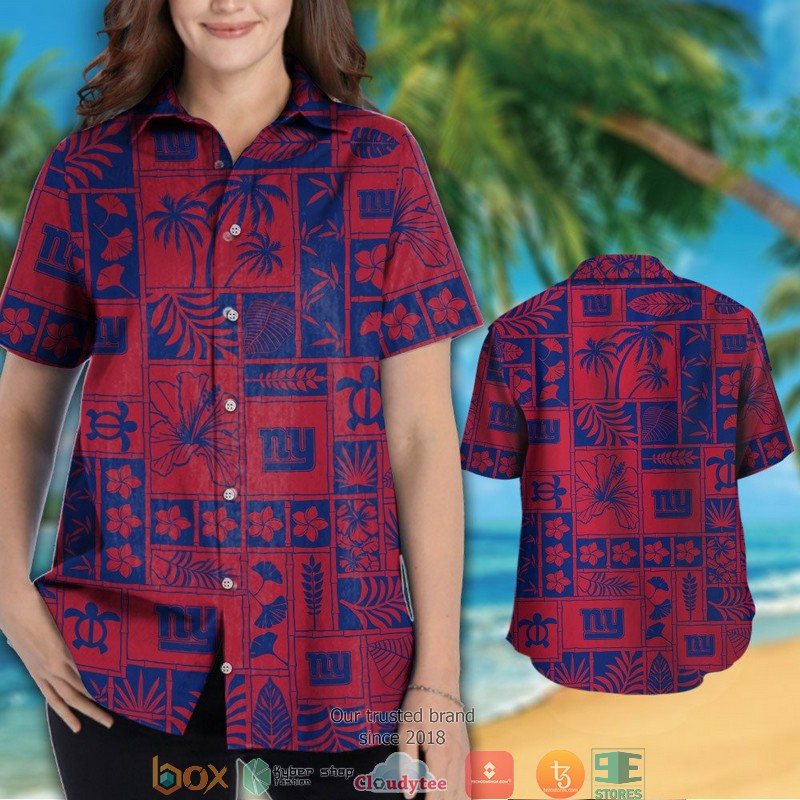 New York Giants hibiscus leaf ocean square pattern Hawaiian Shirt short 1 2