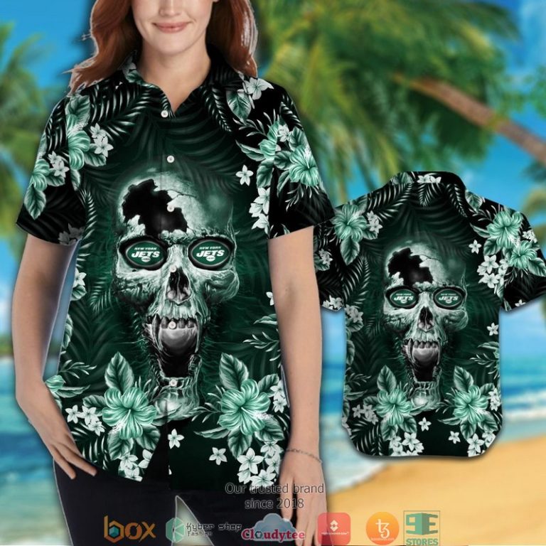 New York Jets 3d illusion Skull Hawaiian Shirt short 1 2