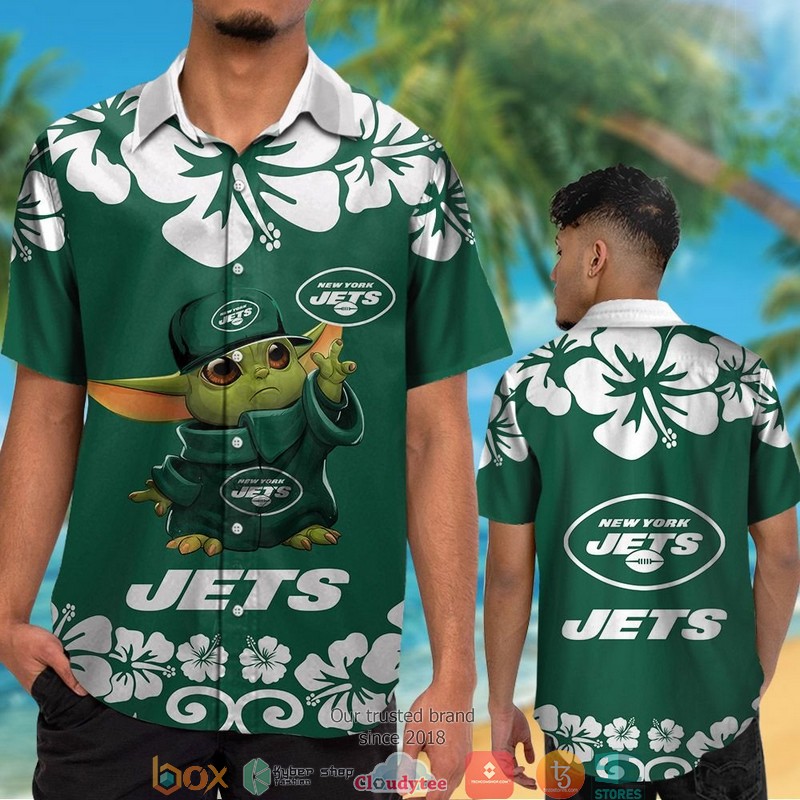 New York Jets Baby Yoda Hibiscus Hawaiian Shirt short 1