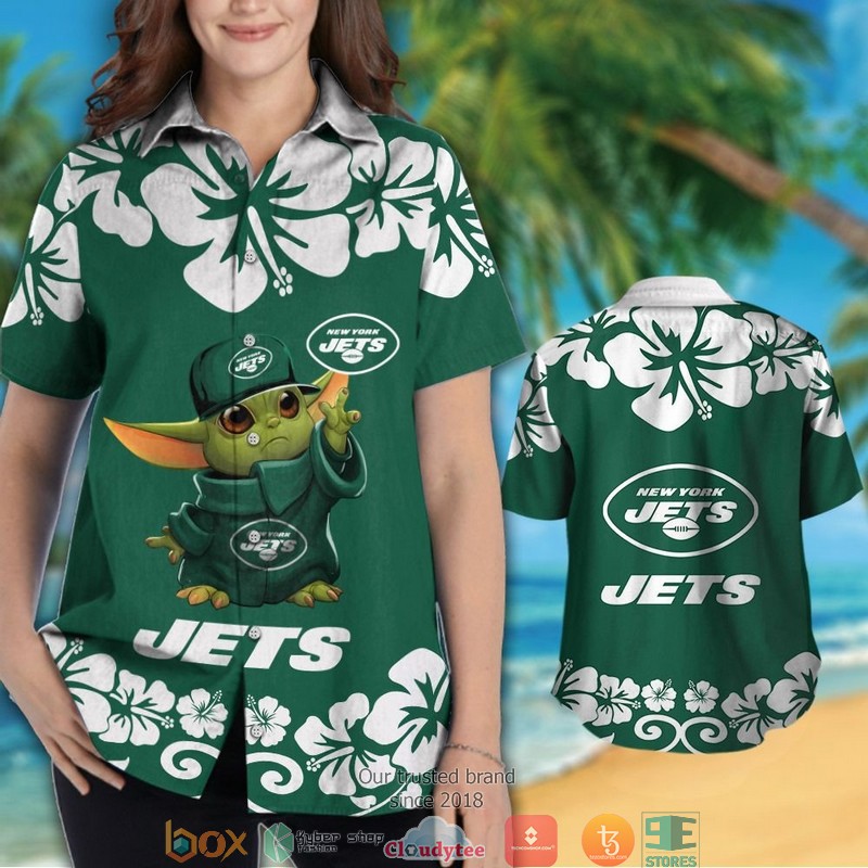 New York Jets Baby Yoda Hibiscus Hawaiian Shirt short 1 2
