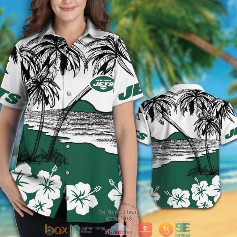 New York Jets Coconut Island Hibiscus Hawaiian Shirt short 1 2