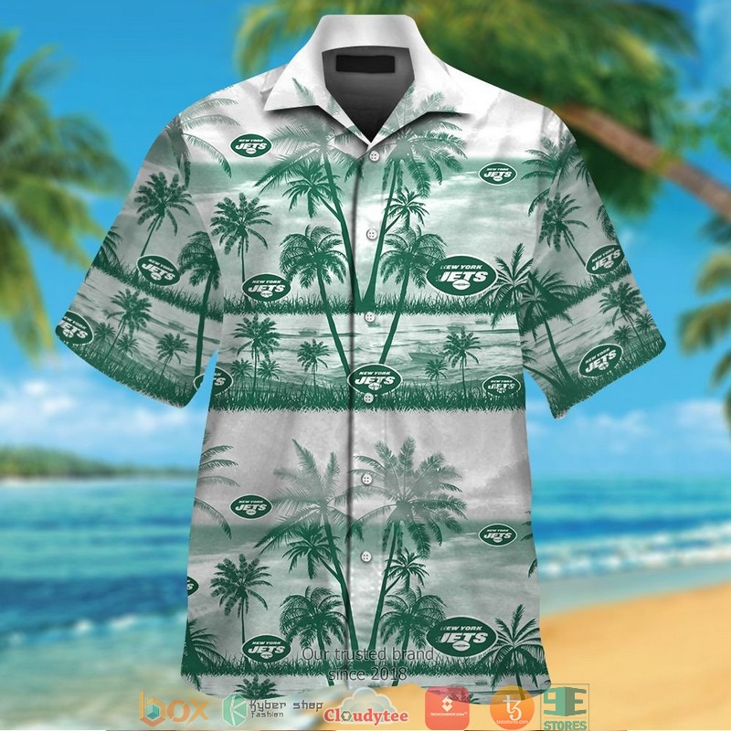 New York Jets Green Coconut Island White Hawaiian Shirt short