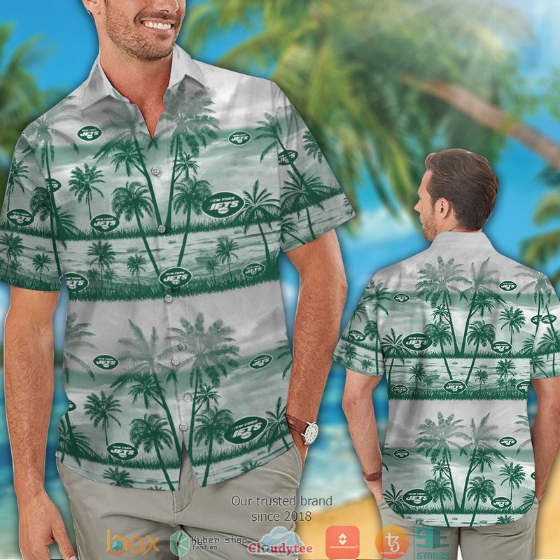 New York Jets Green Coconut Island White Hawaiian Shirt short 1