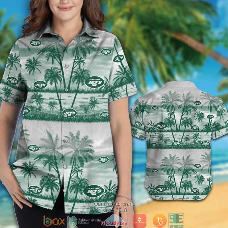 New York Jets Green Coconut Island White Hawaiian Shirt short 1 2