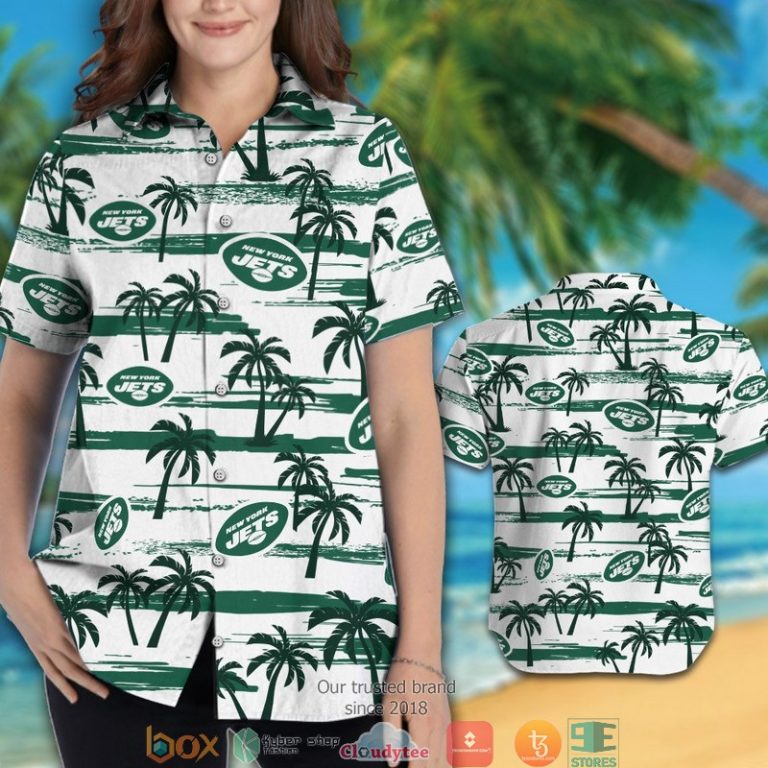 New York Jets Green Coconut White Hawaiian Shirt short 1 2