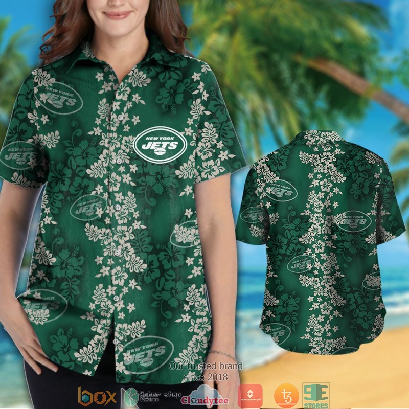 New York Jets Hibiscus Flowers Pattern Hawaiian Shirt short 1 2