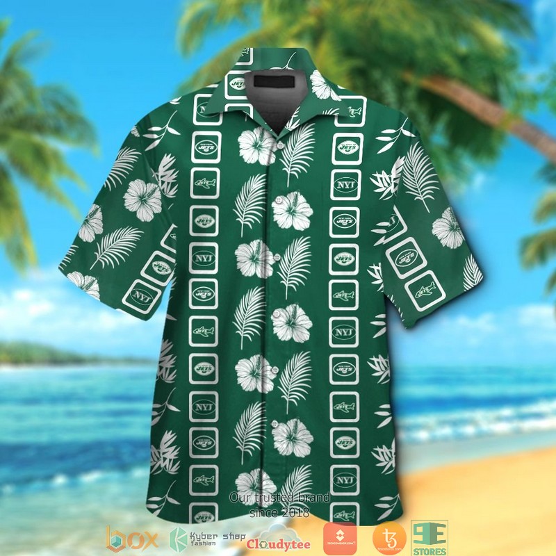 New York Jets Hibiscus Leaf Square Pattern Hawaiian Shirt short