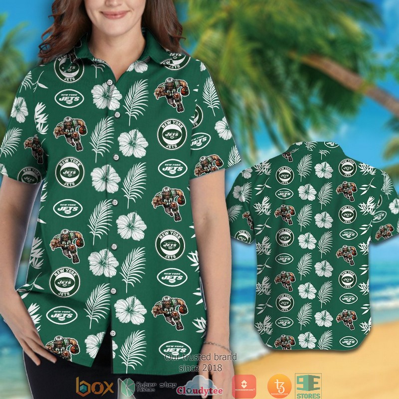 New York Jets Hibiscus Leaf pattern Hawaiian Shirt short 1 2