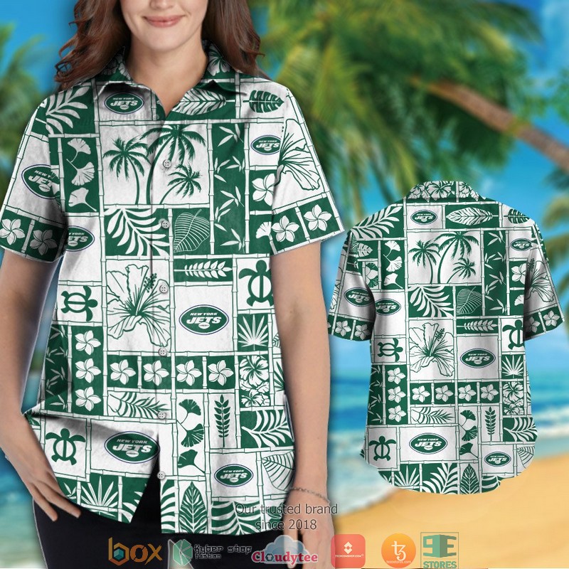 New York Jets Hibiscus leaf ocean pattern Hawaiian Shirt short 1 2
