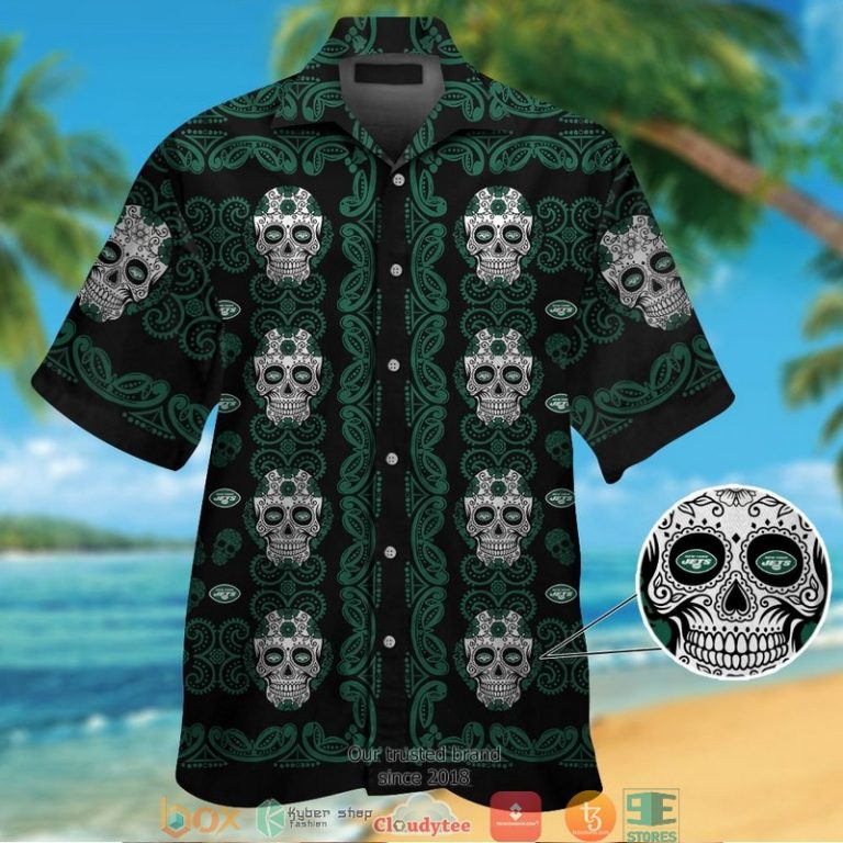 New York Jets Small Sugar Skull Hawaiian Shirt short