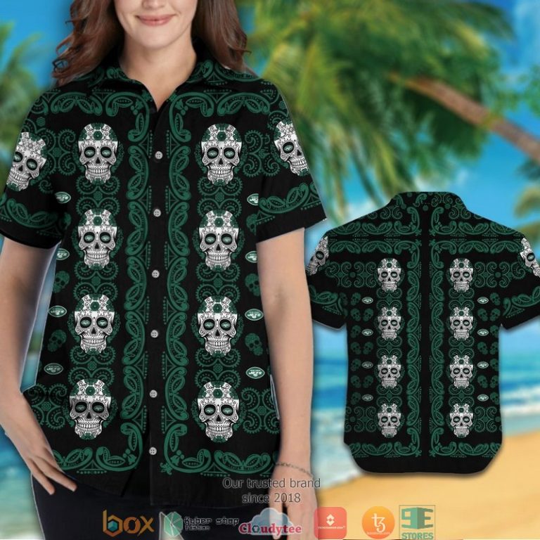 New York Jets Small Sugar Skull Hawaiian Shirt short 1 2