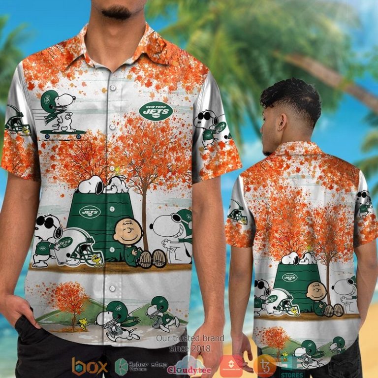 New York Jets Snoopy and Charlie Brown Autumn Hawaiian Shirt short 1