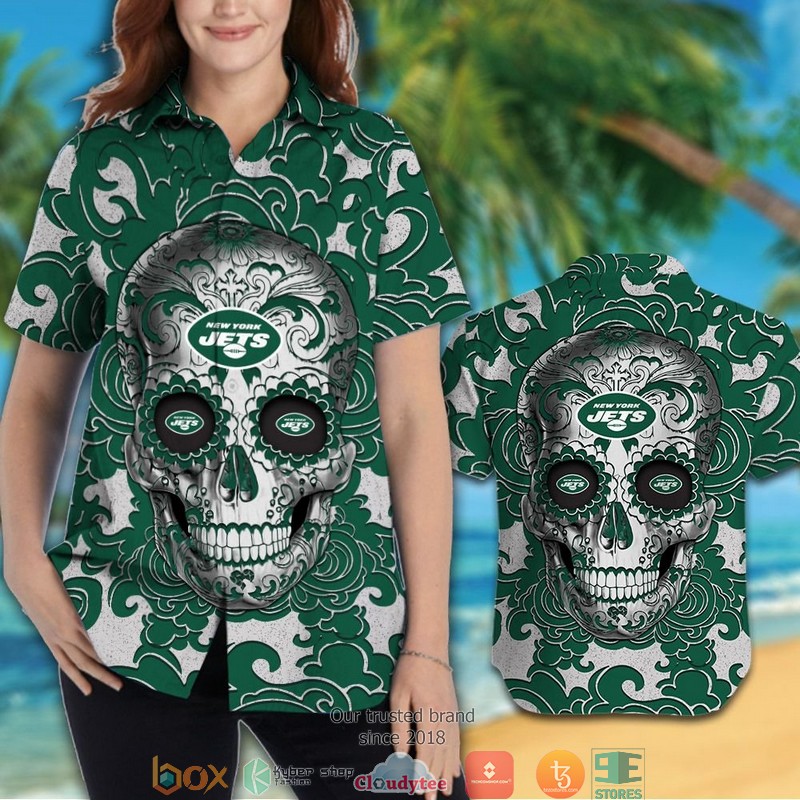 New York Jets Sugar Skull Hawaiian Shirt 1 2