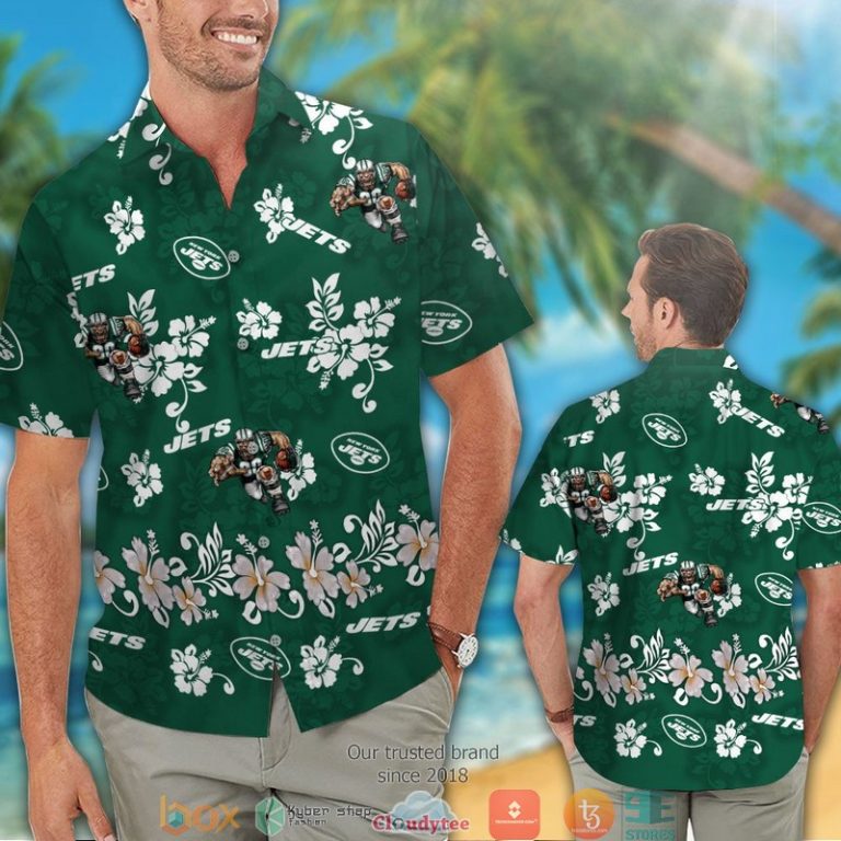New York Jets White Hibiscus Flower Pattern Hawaiian Shirt short 1