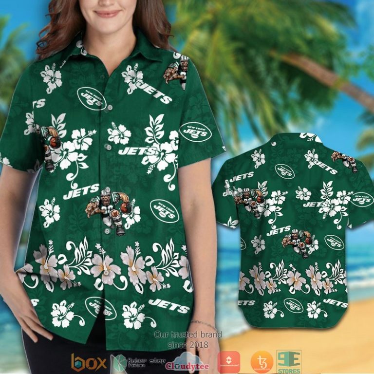 New York Jets White Hibiscus Flower Pattern Hawaiian Shirt short 1 2