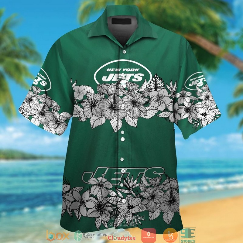 New York Jets hibiscus flowers line Hawaiian Shirt short