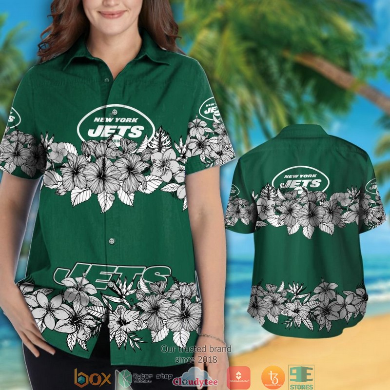 New York Jets hibiscus flowers line Hawaiian Shirt short 1 2