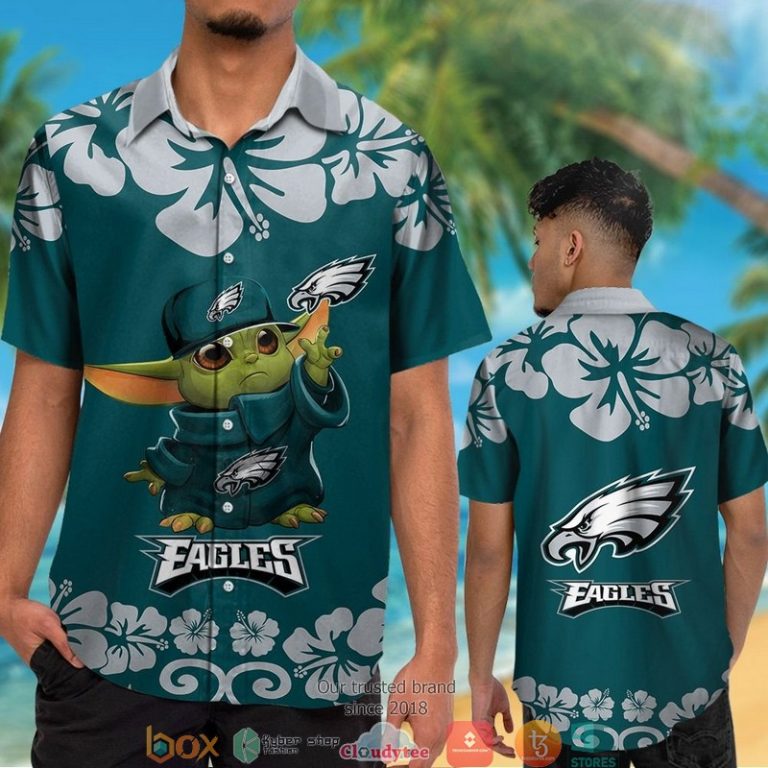 Philadelphia Eagles Baby Yoda Hibiscus Hawaiian Shirt short 1