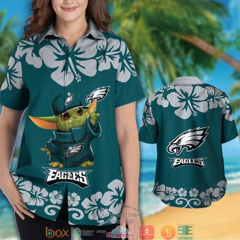 Philadelphia Eagles Baby Yoda Hibiscus Hawaiian Shirt short 1 2