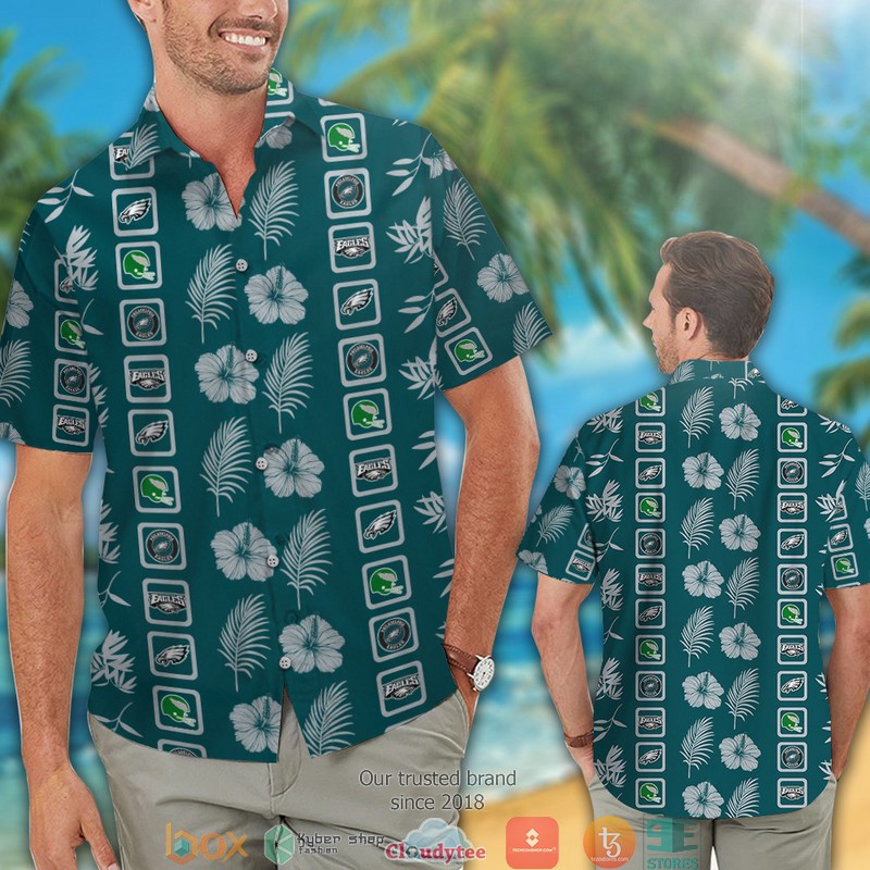 Philadelphia Eagles Hibiscus Leaf Square Pattern Hawaiian Shirt short 1