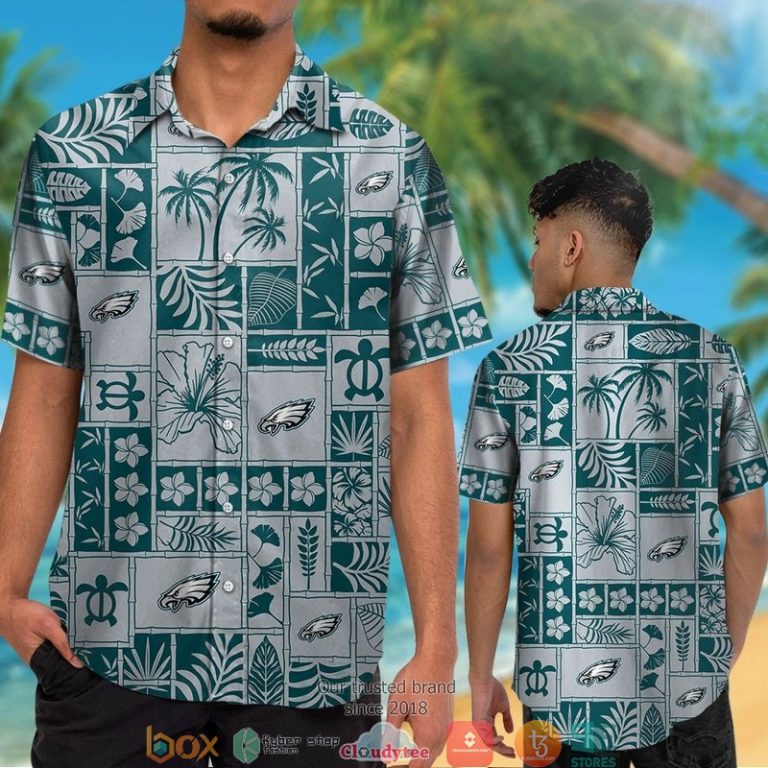 Philadelphia Eagles hibiscus leaf fish square pattern Hawaiian Shirt short 1