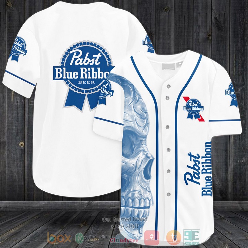 Skull Pabst Blue Ribbon Beer white blue Baseball Jersey