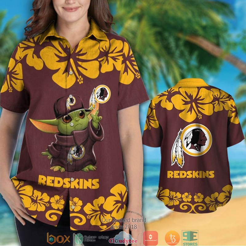 Washington Redskins Yellow Hibiscus Baby Yoda Hawaiian Shirt short 1 2