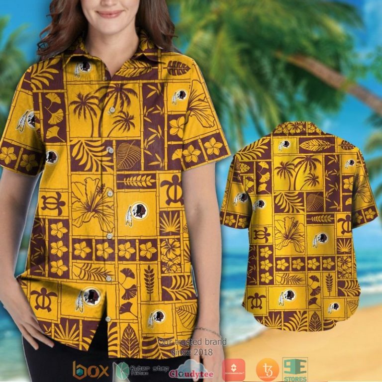 Washington Redskins hibiscus leaf ocean square pattern Hawaiian Shirt Short 1 2