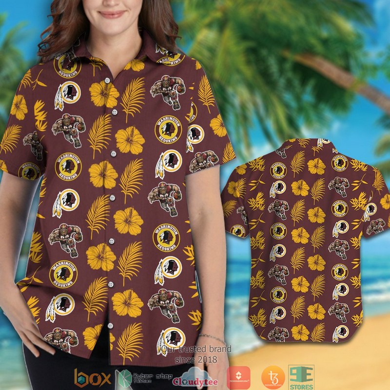 Washington Redskins leaf hibiscus pattern Hawaiian Shirt Short 1 2
