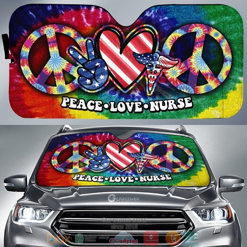 Hippie Tie Dye Peace Love Nurse US Flag Car Sunshade