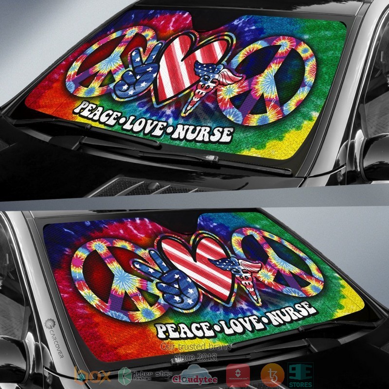 Hippie Tie Dye Peace Love Nurse US Flag Car Sunshade 1
