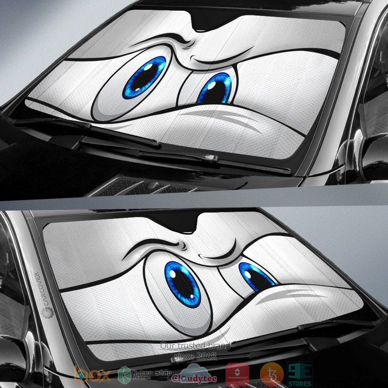 White Curious Cartoon Eyes Car Sunshade 1