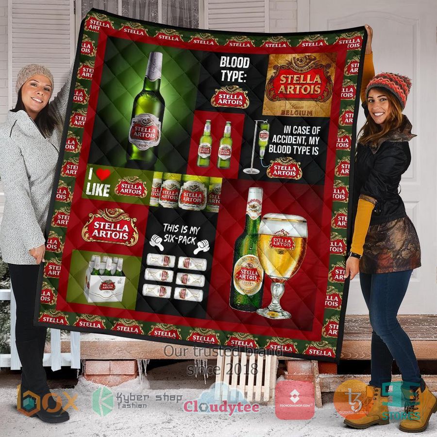 in case of accident my blood type is stella artois quilt blanket 2 80748