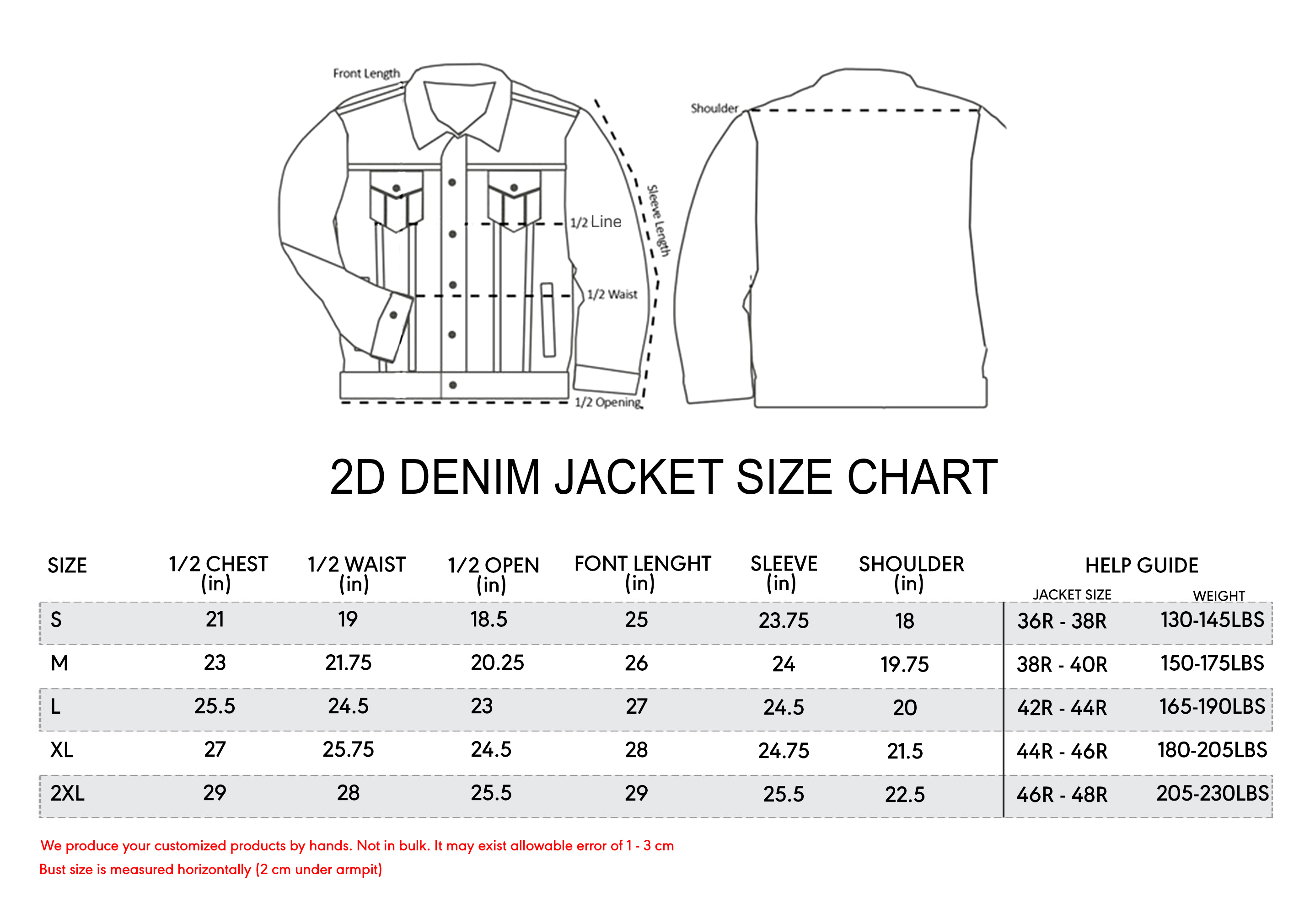 2D Jeans coat Size Chart