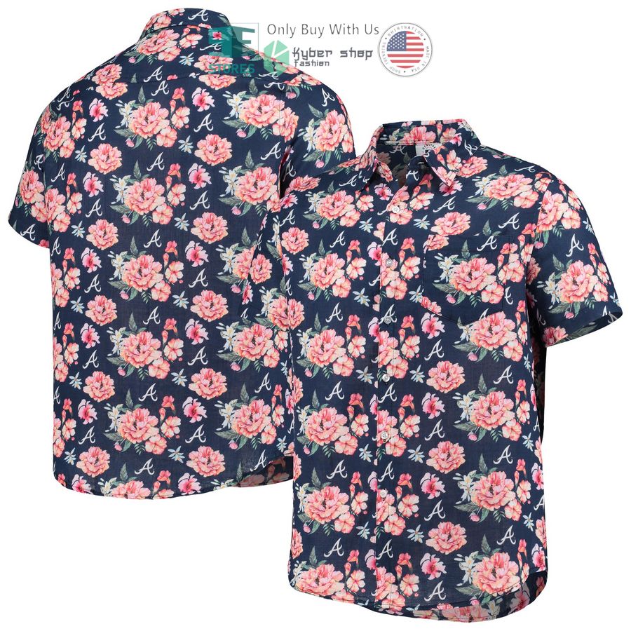 atlanta braves foco floral linen navy hawaiian shirt 1 91371