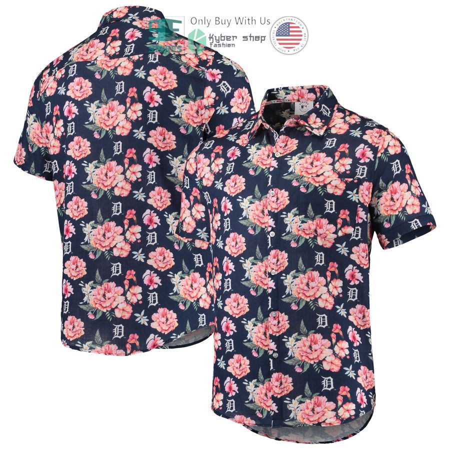 detroit tigers foco floral linen navy hawaiian shirt 1 734