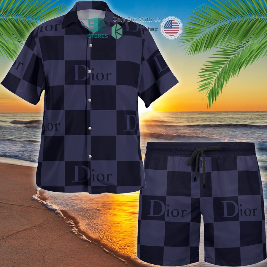 dior navy black caro pattern hawaii shirt shorts 1 93951