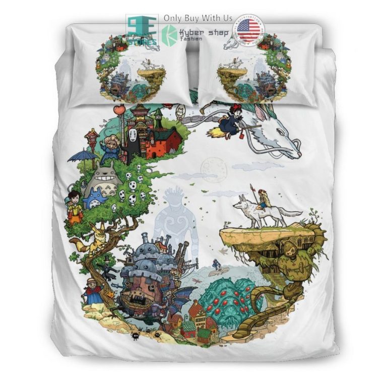 ghibli characters art white bedding set 3 41604