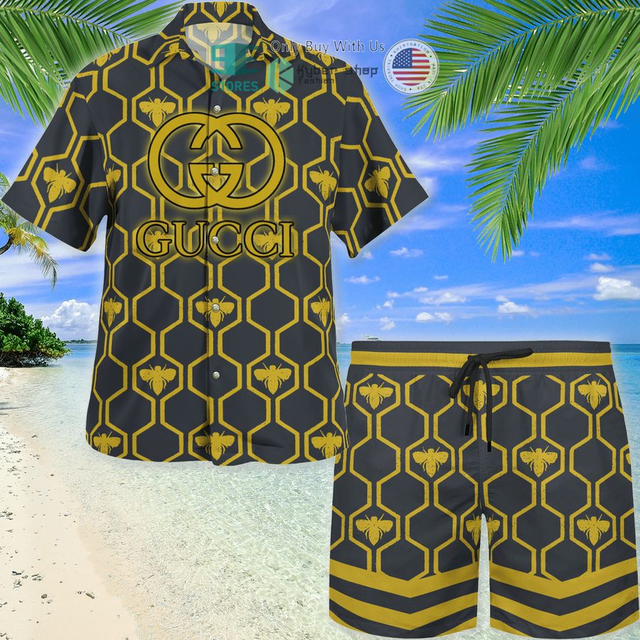 gucci bee hive yellow black hawaii shirt shorts 1 70716