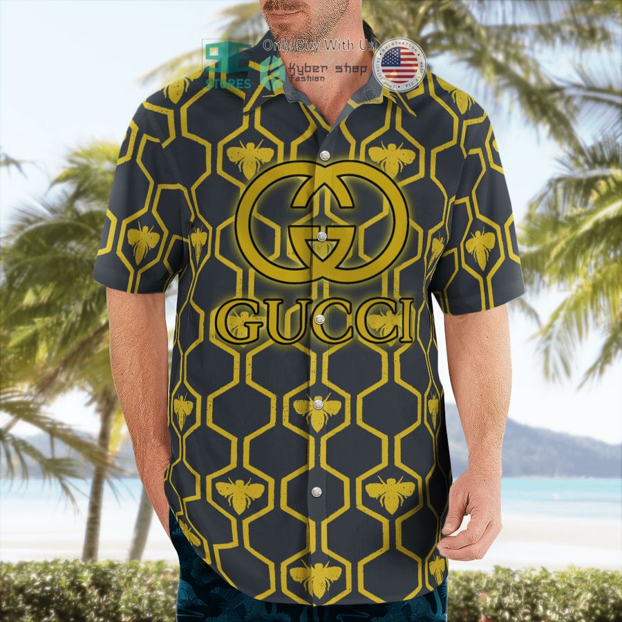 gucci bee hive yellow black hawaii shirt shorts 2 73247