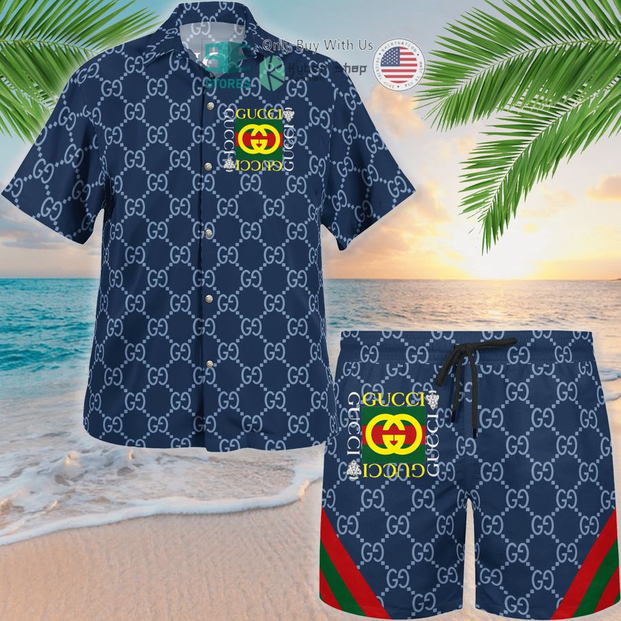 gucci blue stripes pattern hawaii shirt shorts 1 55504