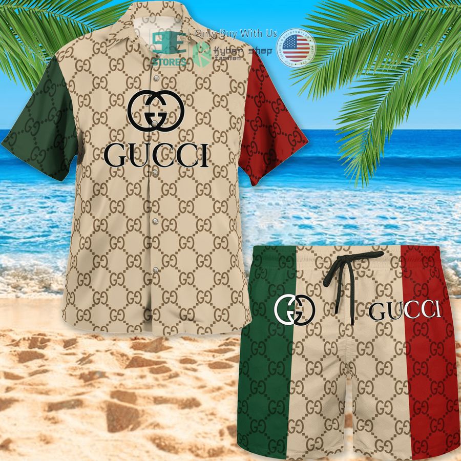 gucci cream red green stripes hawaii shirt shorts 1 65448