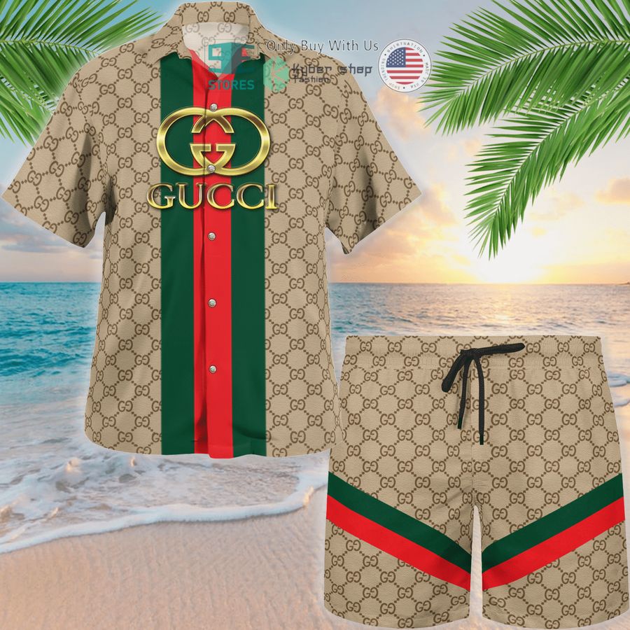gucci cream stripes khaki hawaii shirt shorts 1 65754