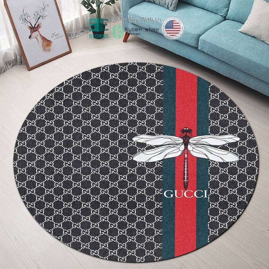gucci dragonfly black stripes pattern round rug 1 3901
