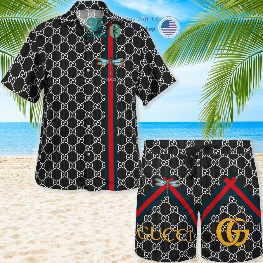 gucci dragonfly pattern black hawaii shirt shorts 1 43140
