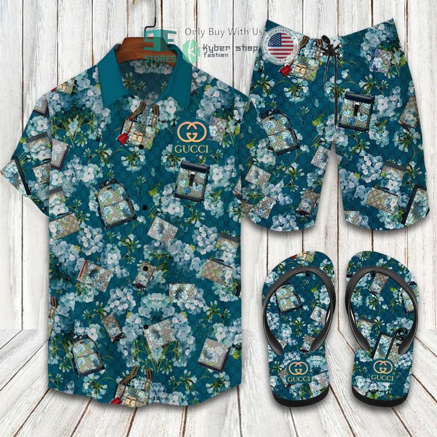 gucci flower blue hawaii shirt shorts 1 8574